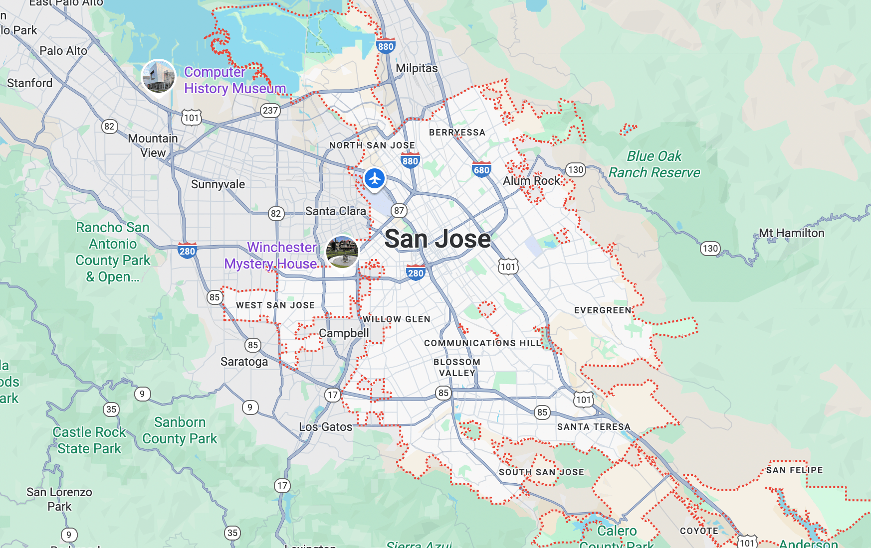 Bay Area service coverage map showing Maximum Roof Care's service areas across San Jose, Santa Clara County, and surrounding cities